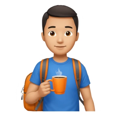 an asian man in blue t-shirt with orange cup of coffee and backpack on the back. Eiffel tower on the background. shoulder length picture sticker