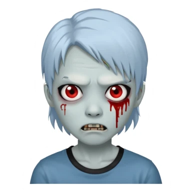Create a 3D emoji-style avatar with very pale blue-grey zombie skin like the reference image, a young Asian face, and large eyes with blood tears. Give it white mullet-style hair, silver hoop earrings, and a simple black T-shirt. The expression should be slightly angry and has vampire teeth sticker