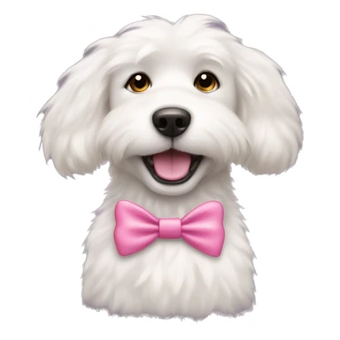 A fluffy white dog wearing a pink   Bow  sticker