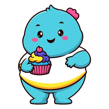 Extremely obese African American cartoon character with a very round face, smiling happily while holding colorful cupcakes sticker