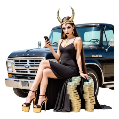 Sensual queen long brown straight haired sexy drug lord woman with  glitter platform high heels on her feet,  and devil black horns on her head, holding a stack of cash, has a phone in other hand. Sitting on the hood of a  gold ford350 pickup truck  full of drugs, long black dress with sexy slit sticker