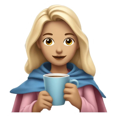 Blonde girl with loose hair and a soft pink and blue cape on her shoulders with a cup of coffee in her hands sticker