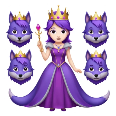 A princess wearing a purple dress and crown with purple hair and purple wolf ears and purple wolf tail character. doing different actions against a white background And make a gap between each illusion sticker