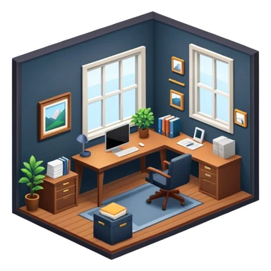 An isometric 3D room with two walls that meet at the back left and right and a Window. Dark Colors. Home Office sticker