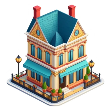 Upscale restaurant exterior, isometric dollhouse-style, realistic sticker
