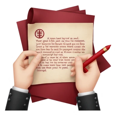 Minimalist emoji-style sticker of a pale hand signing a parchment contract titled “YOUR SOUL” in gothic font, muted red ink, grayscale background sticker