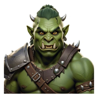 Cinematic Realistic WoW Orc Warrior Portrait, head tilted dramatically with an exaggeratedly amused expression, blending raw, primal might with a touch of unexpected humor. His battle-scarred green skin, robust muscles, and intricately detailed tribal armor in deep, earthy tones are rendered with lifelike texture and dynamic lighting, high shine, dramatic yet whimsical, capturing an orc warrior whose epic strength is matched by a playful, irreverent charm. sticker