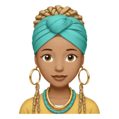 Non-portrait Jayci-vibe emoji, 1024 PNG, transparent. Headwrap (muted R-G-G), hoops, locs hint; soft smile, golden inner glow + faint heart aura. Embed: first-love, roots calm, playful grace, protective joy, consent. sticker