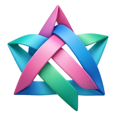A 3D triangular loop shape made of three connected ribbon segments, smooth glossy surface, gradient colors (green, blue, pink), minimal white background, soft shadow, modern Memoji-style rendering. sticker