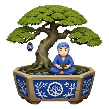 Alien hanging vines landscape mudman very old broken cracked intricate Stone Age rocky-crusted irregular dodecagon-shaped shallow dark moss rough bark blue willow flowered maple tree bonsai pot sticker