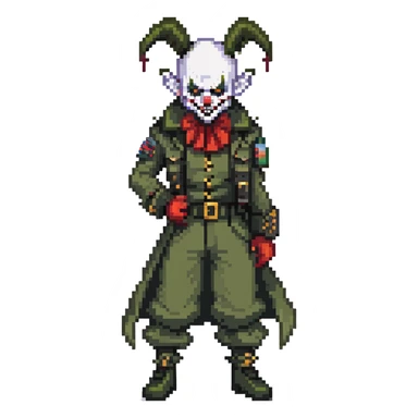 evil clown soldier, bald, small black satan horns on forehead, fangs, pointed ears, black and military green clothes with bellbottom pants, realistically proportioned, less bulky, full body, fighting stance sticker