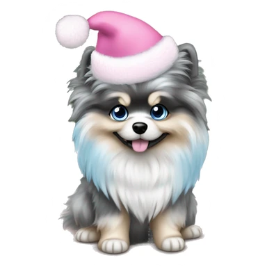 Blue Merle pomeranian puppy full body light blue eyes pink christmas hat on sticker
