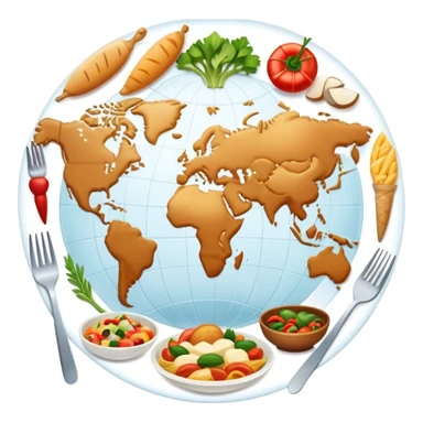 Icon for Culinary Tourism: a world map with food elements like a fork, knife and dish, surrounded by iconic dishes from various countries. The icon should represent the exploration of global cuisines and travel experiences. Transparent background. sticker