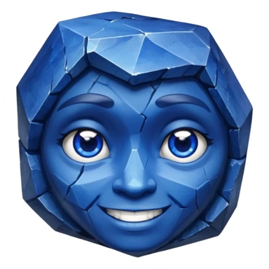 A single sapphire-blue faceted rock head, chunky and worn, with very visible cracks and chipped facets but still shiny, big kind eyes and a confident smile sticker