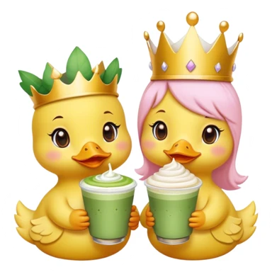 two girl yellow ducks that are besties, one wearing a light pink bow on its head and one wearing a crown while holding a matcha latte sticker