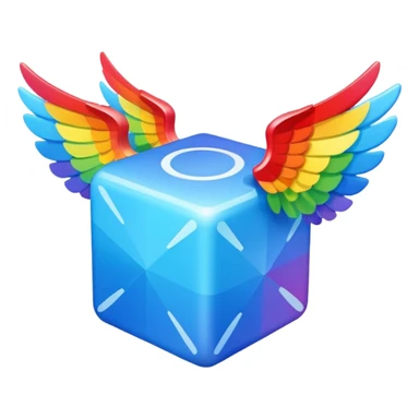 Blue cube with wings and has a rainbow ? sticker