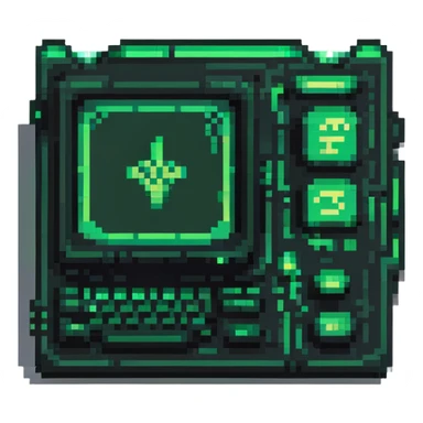 32x32 cyberpunk terminal icon with green code glowing, retro computer style sticker