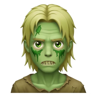 green zombie, handsome male, dirty blonde long anime hair, green eyes, subtle facial scars, iOS emoji style sticker