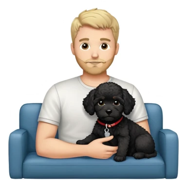 34 year old man with short straight salt and pepper hair hanging out with his black cavapoo puppy with a white chest on the sofa sticker