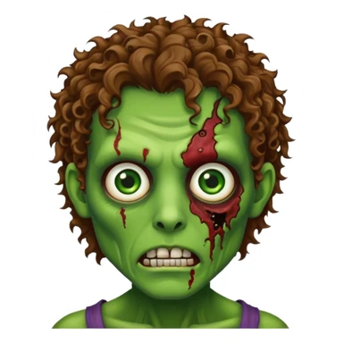 Generate an emoji-style image with a white background of a green-skinned zombie. The zombie should have visible facial wounds, curly brown hair with highlights, green eyes, and a shaved line in the left eyebrow. sticker