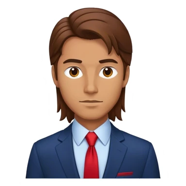 man with long brown hair in a dark blue suit with a red tie sticker