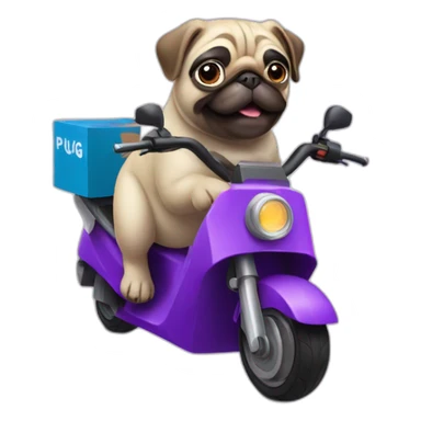 a pug on a purple electric motorbike making a delivery sticker