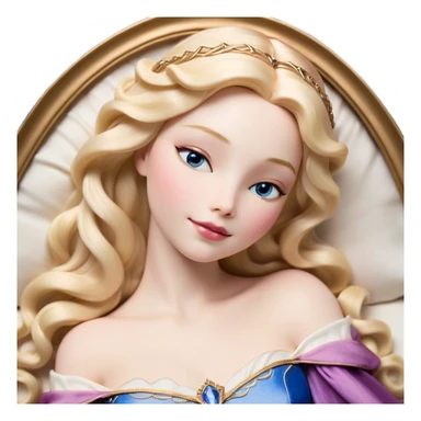 Cinematic Realistic Sleeping Beauty (Aurora) Portrait, with porcelain-like skin featuring a natural rosy flush, illuminated by soft lighting that highlights the gentle contours of her face. Her golden blonde hair flows in soft, detailed waves with subtle highlights that shimmer in the light. Her deep violet-blue eyes radiate warmth and innocence, framed by arched brows and long lashes. With a soft, serene smile, she holds a delicate rose gently in one hand, her other hand resting lightly by her side. She is dressed in her classic pink gown, the fabric rich in texture with delicate folds that catch the light. A golden crown rests atop her head, gleaming with royal refinement. The portrait captures a soft, glowing aura, blending realism with an ethereal sense of beauty and timeless enchantment. sticker