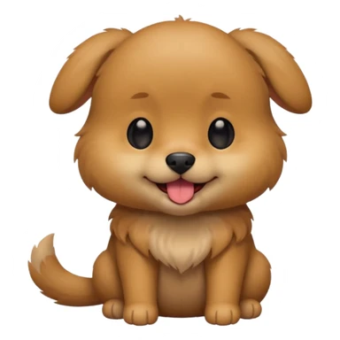 Cute small brown fluffy dog emoji icon. Round face, short muzzle, light brown fur with slightly darker ears, small black nose, happy smiling expression with tongue out. Soft friendly eyes, sitting pose with front paws together. Simple clean vector style, minimal details, kawaii style. sticker