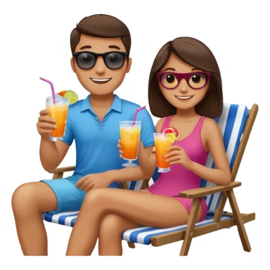 Use this image to design the faces of a young man and woman sitting in beach chairs talking with drinks in their hands on a lake dock  sticker