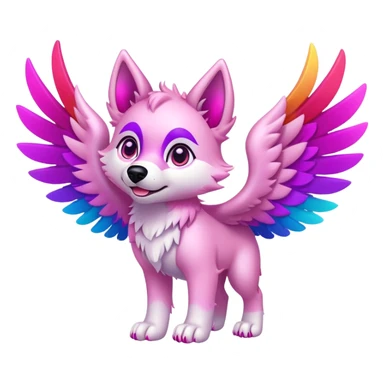 a light pink wolf pup with magenta eyes and pink and purple feathered wings and rainbow feet, flying happily  sticker