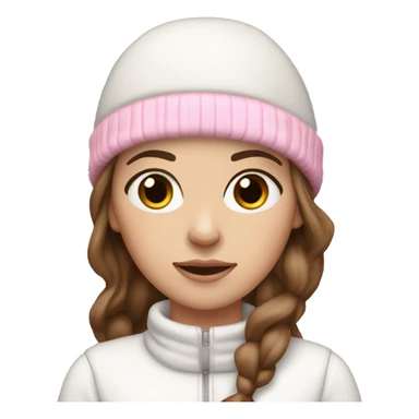 white girl with brown hair and black eyes wearing a white and pink winter outfit sticker
