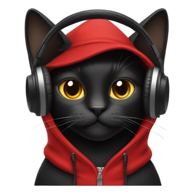 Black cat wearing red hoodie with a top hat and headphones sticker