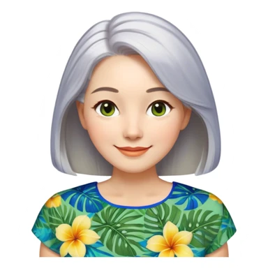 A woman with light complexion, oval face with soft rounded features, full cheeks, gentle almond-shaped eyes with subtle smile lines, longer silver-gray hair parted to the side, wearing a vibrant short-sleeved blouse with tropical print in blue, green, and yellow, exuding warmth and joy. sticker