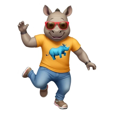 friendly anthropomorphised rhino in jeans and colourful t-shirt, wearing dark sunglasses, jogging upright, jumping with excitement, dynamic pose sticker