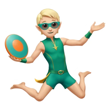 elf male legolas launching a frisbee woven from pure sunlight, wearing sporty teal swim shorts and performance sunglasses, pointy ears, centered emoji sticker