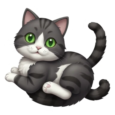 solid dark grey cat with green eyes, white toes/paws and white patch on her chest playfully rolling upside down sticker