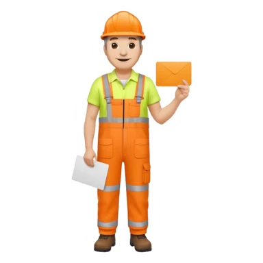 mature engineer hi-vis orange overalls standing full body holding a card sticker