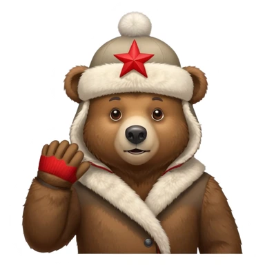 Brown bear wearing a traditional Russian ushanka hat with red star sticker