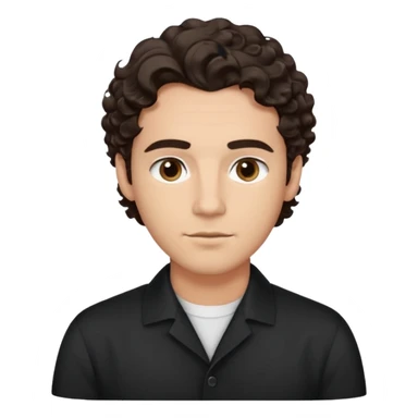 He’s a man with light to medium skin, a defined oval face, full brows, deep-set eyes, and wavy to curly dark brown hair styled with height, sides are low. expression calm and focused relaxed black open-collar shirt.polished, articulate, and professional vibe. sticker