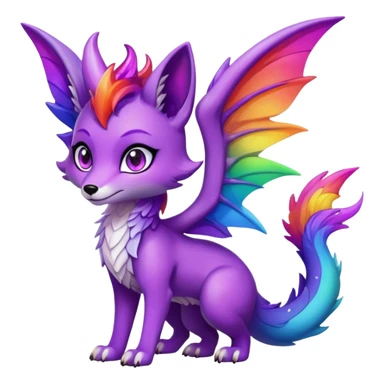 Black Cartoon female Fox dragon hybrid purple eyes with wings face front full body dark rainbow colored sticker