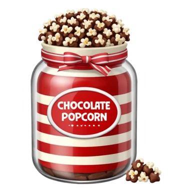Chocolate popcorn in a jar with red and white vertical lines sticker