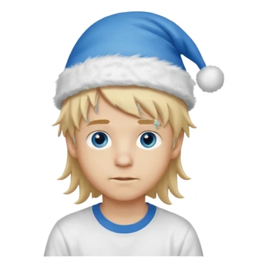 create boy blonde hair long messy, light eyes, white t shirt, rich, long hair, eyes blue, acessory head cristimas blue hat sticker
