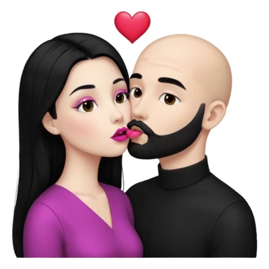 👩🏻‍❤️‍💋‍👨🏻 this one but the man should be bald. white woman with long black hair and white bald young man whoitiut hair and a heart between their heads. she has pink lips and both have brown eyes. he has e full beard but short. both wear black  sticker
