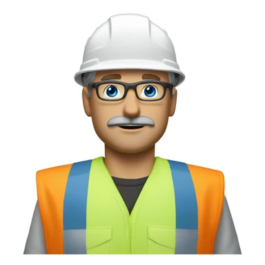 dirty blonde man, thin face, no beard but with mustache, blue/green eyes, glasses, wearing white hard hat that says ”gmc” in orange letters, orange safety vest, blue shirt sticker