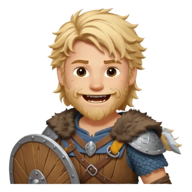 A young Viking warrior with messy blond hair, wooden shield, and fierce excited grin.
 sticker
