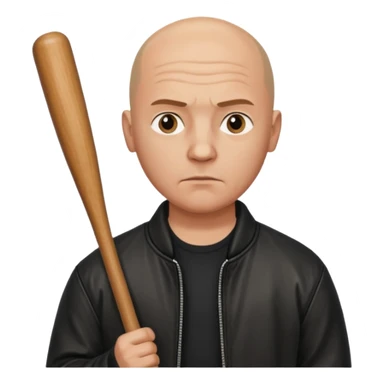 Bald Russian 1990s gangster emoji, leather jacket, , serious face with a bat sticker