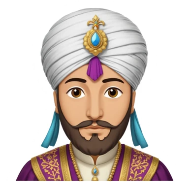 Seljuk Turkish emperor, historical costume, grand turban, luxurious fabrics, imperial presence, rich colors sticker