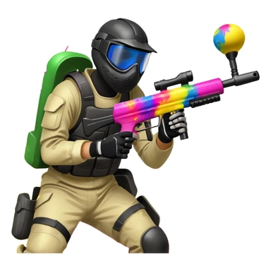 A dynamic scene of a player in action, holding a paintball gun and wearing protective gear. The background shows a vibrant paintball field with obstacles, colorful splatters of paint in the air, and an intense, competitive atmosphere. sticker