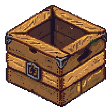 Flat 2D wooden crate with metal reinforcements, color #c2410c with darker wood grain, visible wood grain texture, metal bands across the crate, no perspective, flat 2D appearance, breakable look, simple warning symbol, 32x32 pixels sticker