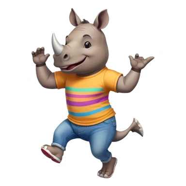 friendly anthropomorphised rhino in jeans and colourful t-shirt, wearing dark sunglasses, jogging upright, jumping with excitement, dynamic pose sticker